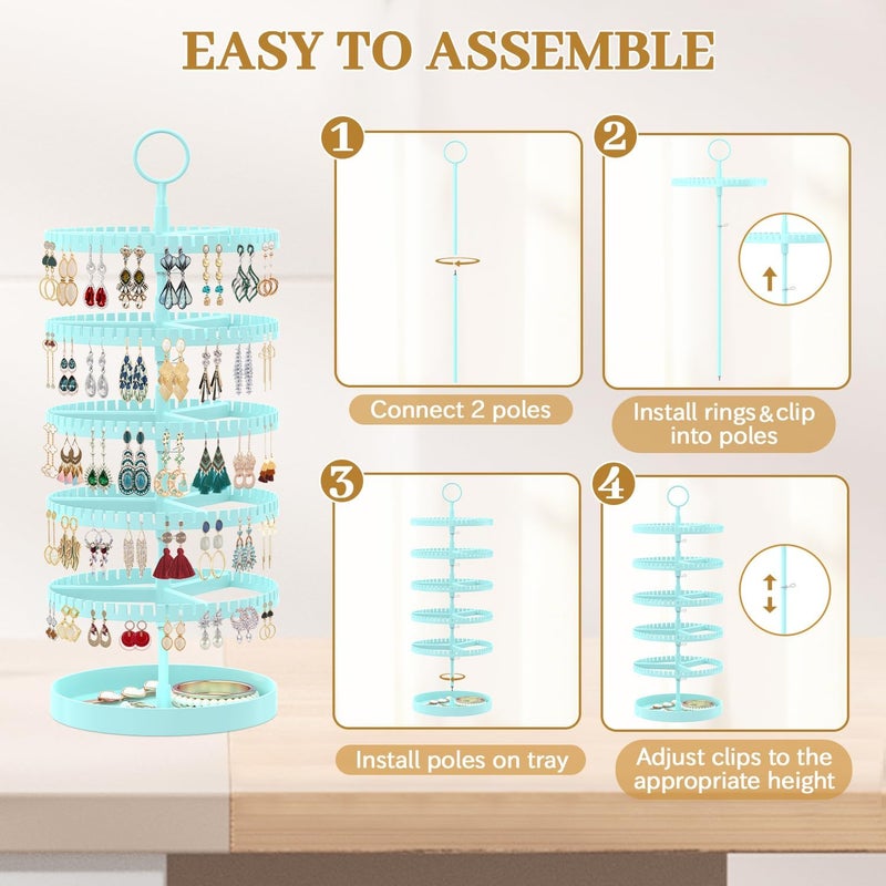MODOWEY 5 Tier Rotating Earring Holder Organizer Display Tree with Metal Tray, Adjustable Plastic Stand with 285 Slots for Stud Hoop Hanger, Large Capacity Storage Rack for Women Space Saving, Blue - Image 5